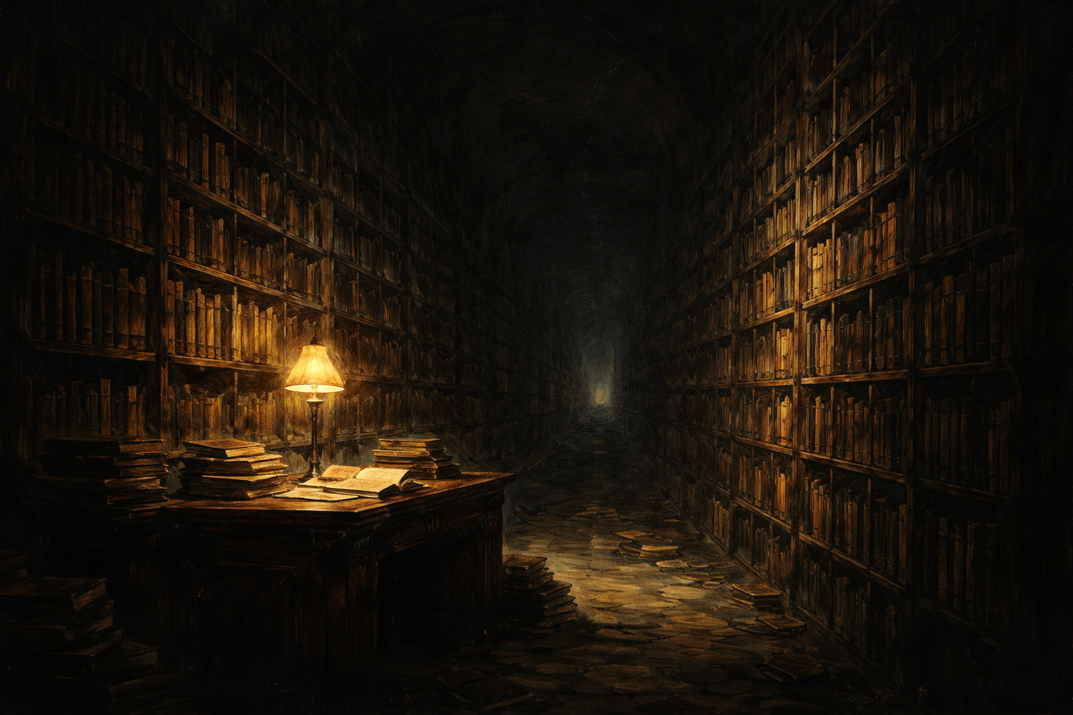 An impossible library — shelves receding deeper than the room should allow