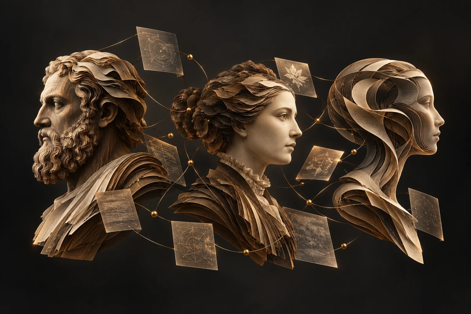 Three sculptural human profiles formed from layered material and connected to documents by golden threads.